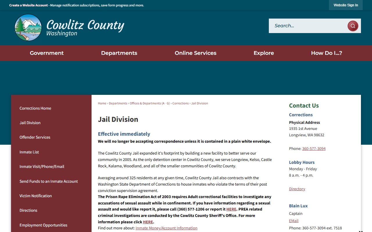 Cowlitz County Jail Division adult facility record information