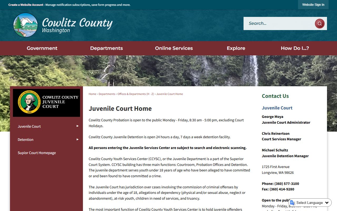 Cowlitz County Youth Services Center juvenile detention contact information
